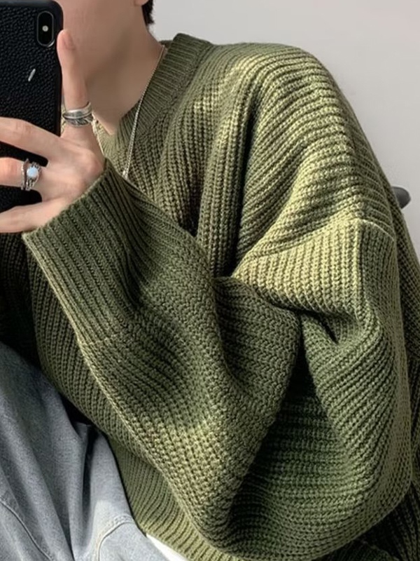 Einfarbiger, lockerer Strickpullover für Herren-1