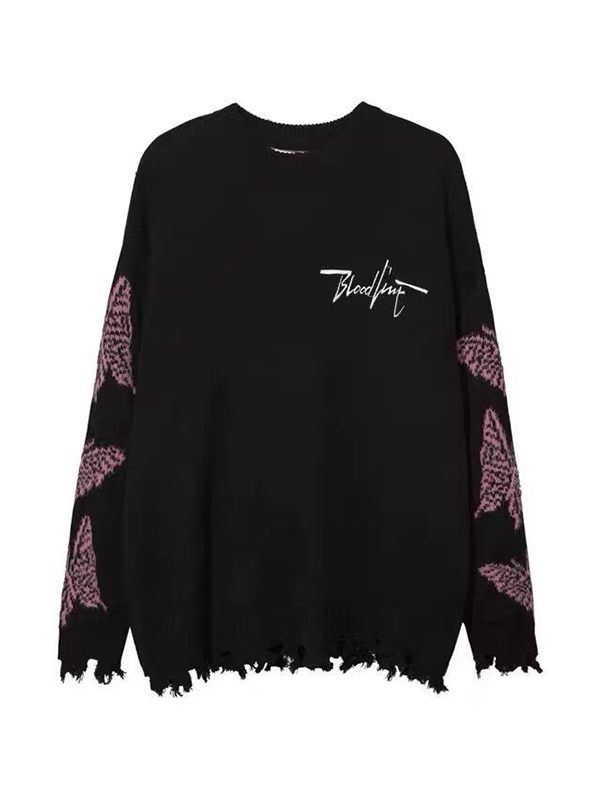 Herrenpullover mit Schmetterlingsmuster und ausgefranstem Saum-1