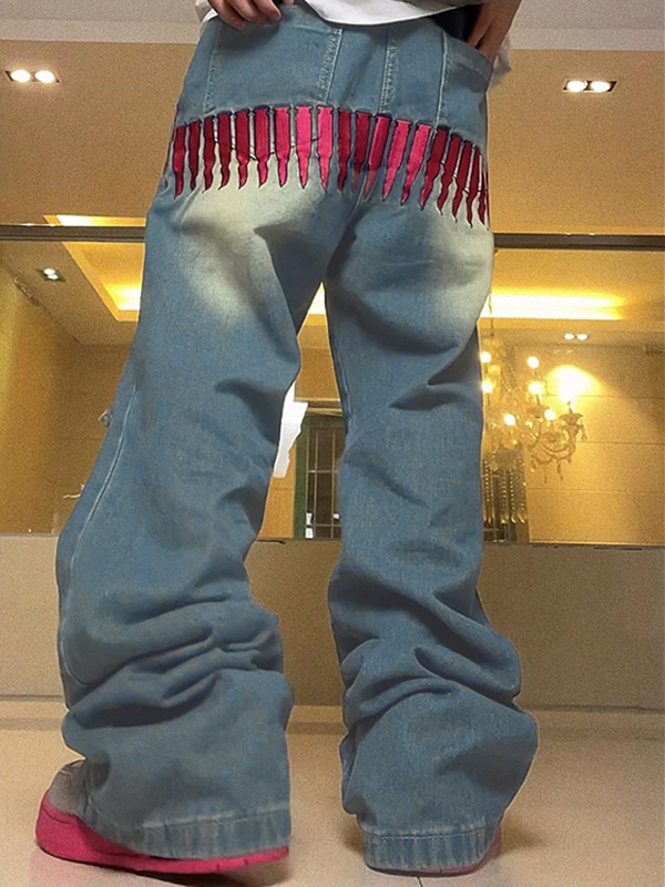 Zerrissene, lockere Herrenjeans mit Bullet-Stickerei in Rosa-3