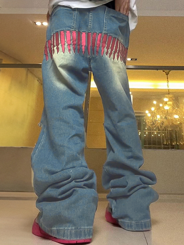 Zerrissene, lockere Herrenjeans mit Bullet-Stickerei in Rosa-1