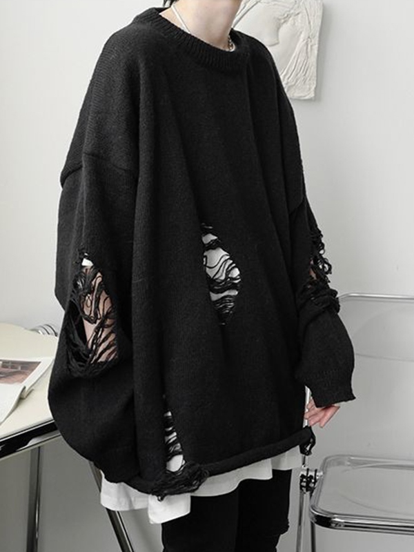 Einfarbiger, zerrissener Herrenpullover mit Rundhalsausschnitt-2