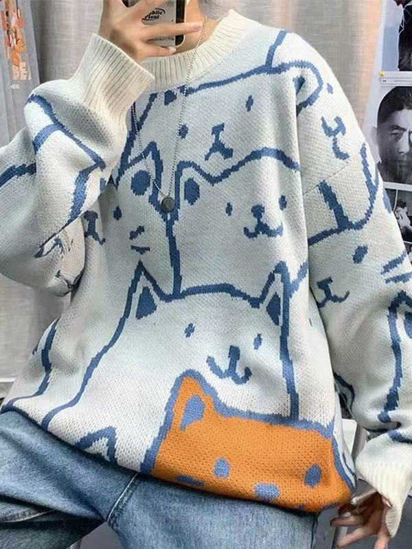 Jacquard-Pullover mit Rundhalsausschnitt für Herren mit Allover-Cartoon-Katzenmuster-2