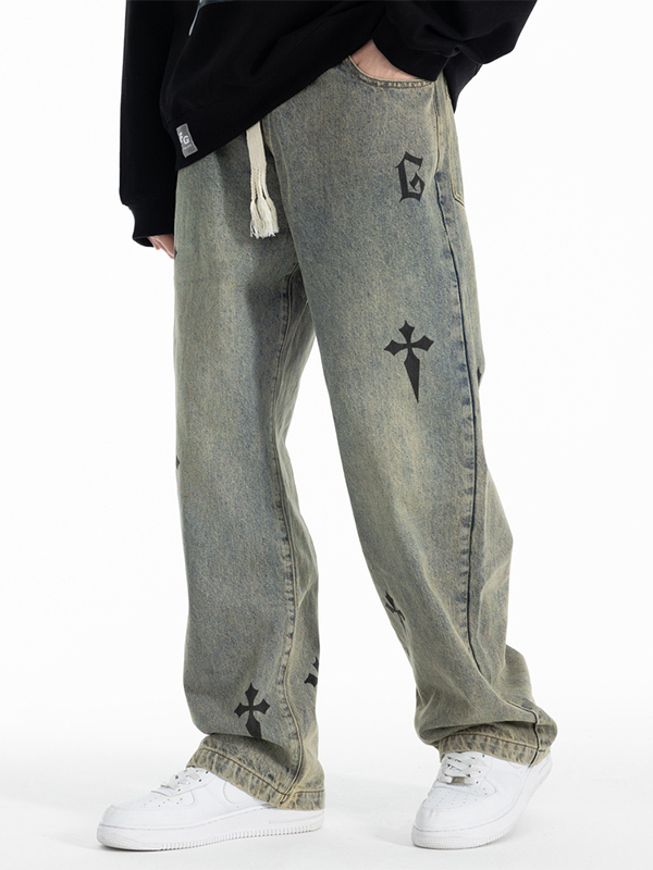 Herrenhose mit geradem Bein und Kordelzug im Distressed-Cross-Print-2