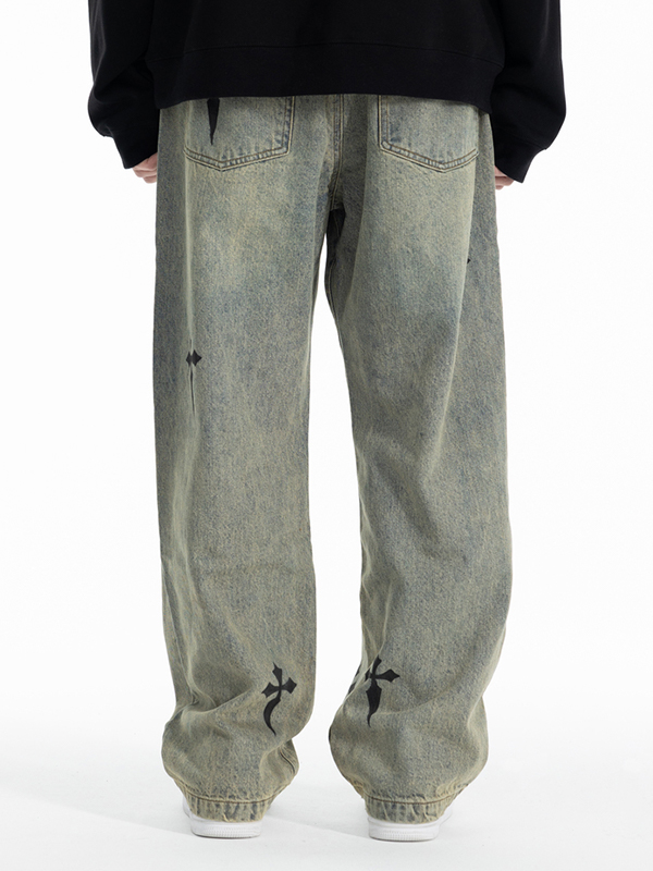 Herrenhose mit geradem Bein und Kordelzug im Distressed-Cross-Print-3