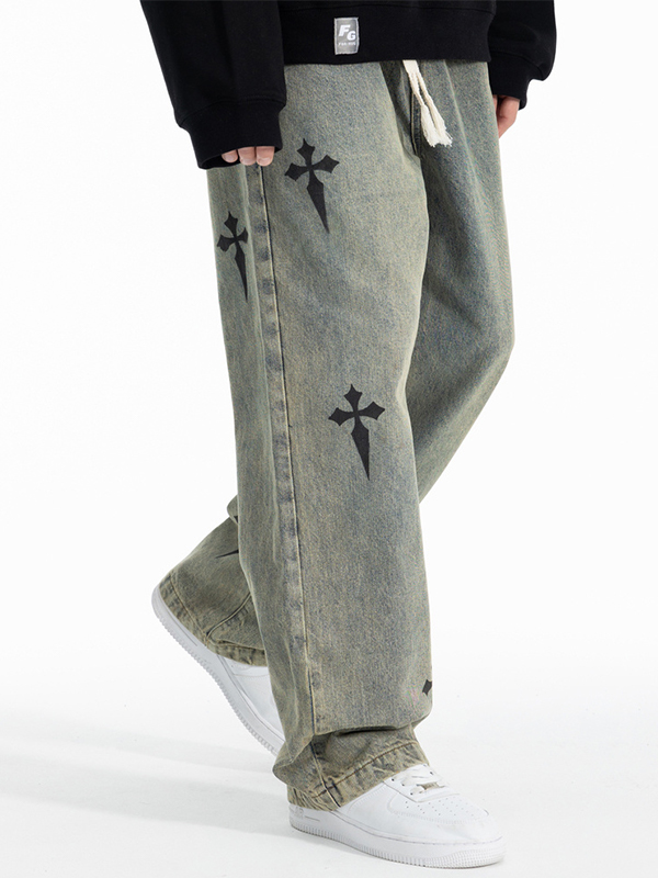 Herrenhose mit geradem Bein und Kordelzug im Distressed-Cross-Print-1
