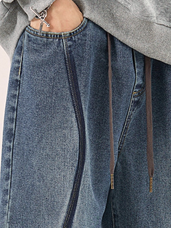 Lockere Vintage-Jeans für Herren mit Ziernähten und Kordelzug-4
