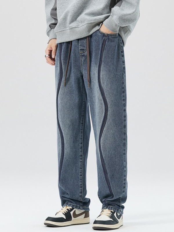 Lockere Vintage-Jeans für Herren mit Ziernähten und Kordelzug-3