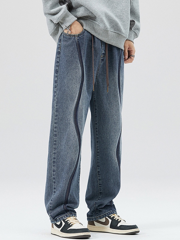 Lockere Vintage-Jeans für Herren mit Ziernähten und Kordelzug-1