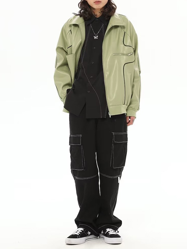 Kunstlederjacke mit Reißverschluss und Paspeldetail-3