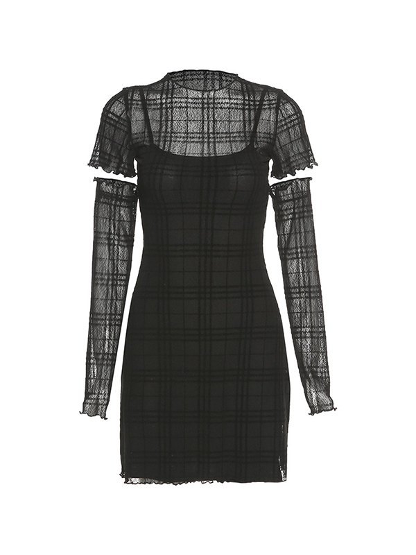 Kariertes Minikleid-Set mit Handschuhen-5