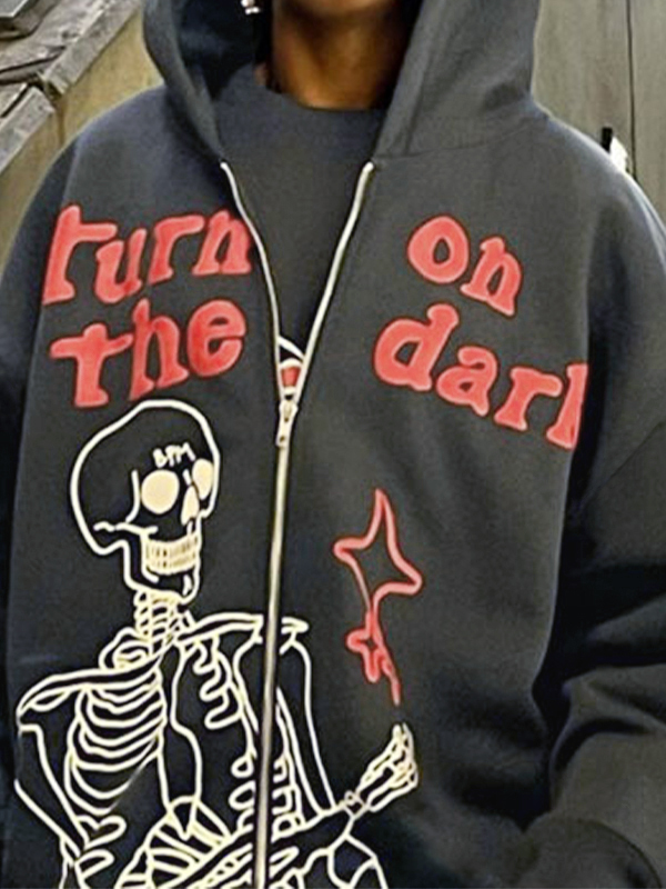 Herren-Hoodie mit Reißverschluss und Buchstabe-Schädel-Grafik-3