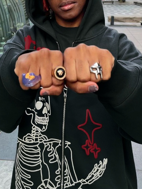 Herren-Hoodie mit Reißverschluss und Buchstabe-Schädel-Grafik-4