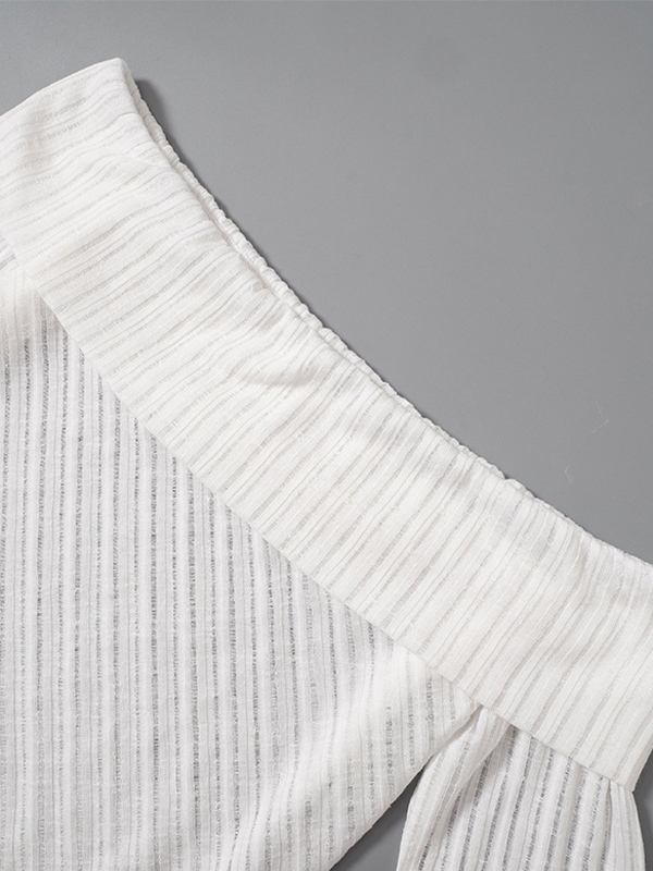 Schulterfreies Patchwork-Langarm-T-Shirt mit unregelmäßigem Saum-6