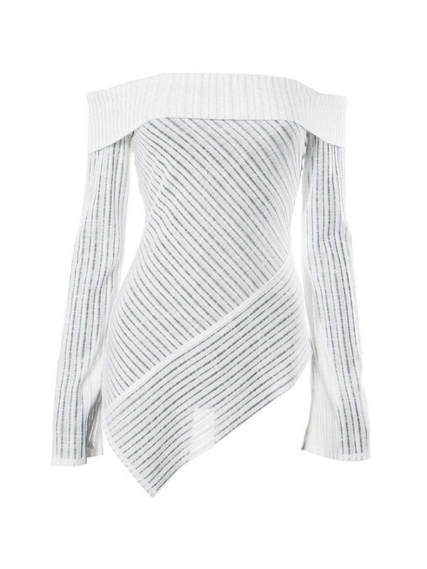 Schulterfreies Patchwork-Langarm-T-Shirt mit unregelmäßigem Saum-5