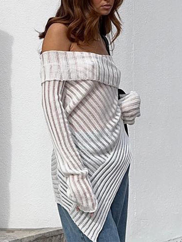 Schulterfreies Patchwork-Langarm-T-Shirt mit unregelmäßigem Saum-4