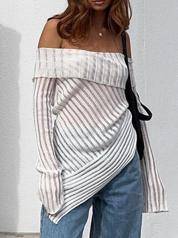 Schulterfreies Patchwork-Langarm-T-Shirt mit unregelmäßigem Saum-2