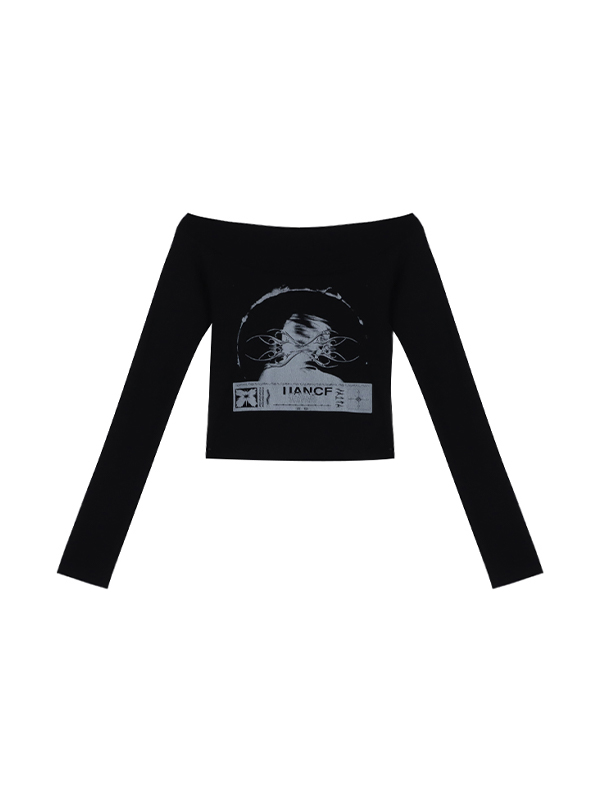 Schulterfreies Langarm-T-Shirt mit abstraktem Print-5