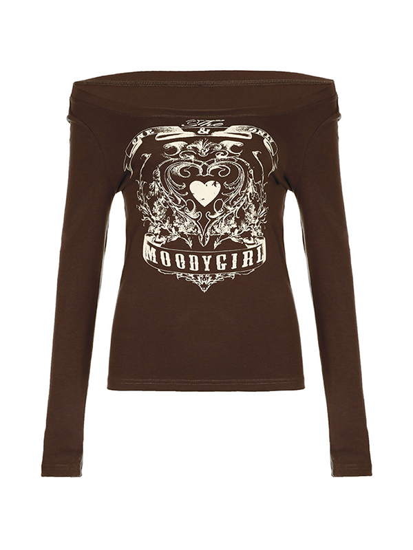 Schulterfreies Langarm-T-Shirt mit Vintage-Herz-Print-3