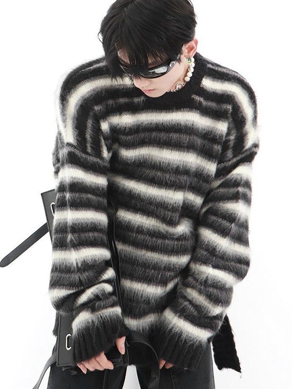Kontrastgestreifter Fuzzy-Strickpullover für Herren-2