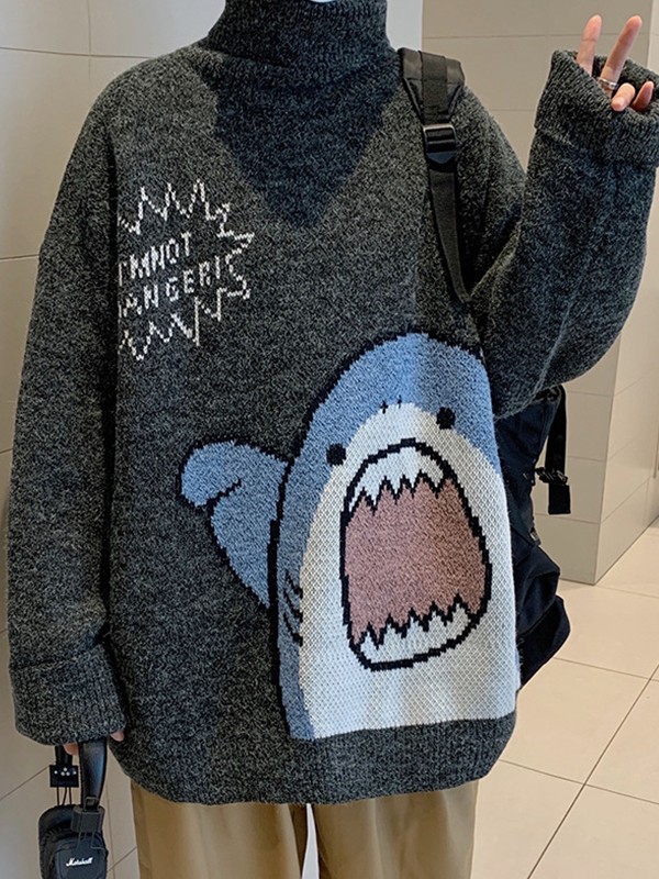 Rollkragen-Pullover mit Cartoon-Haifisch für Herren-1