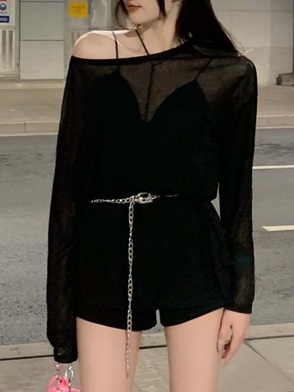 Geteiltes, halbtransparentes, übergroßes Strickoberteil-4