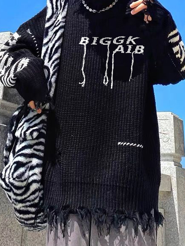 Hochgeschlossener Herrenpullover mit Buchstaben-Jacquard-Quastendesign-1