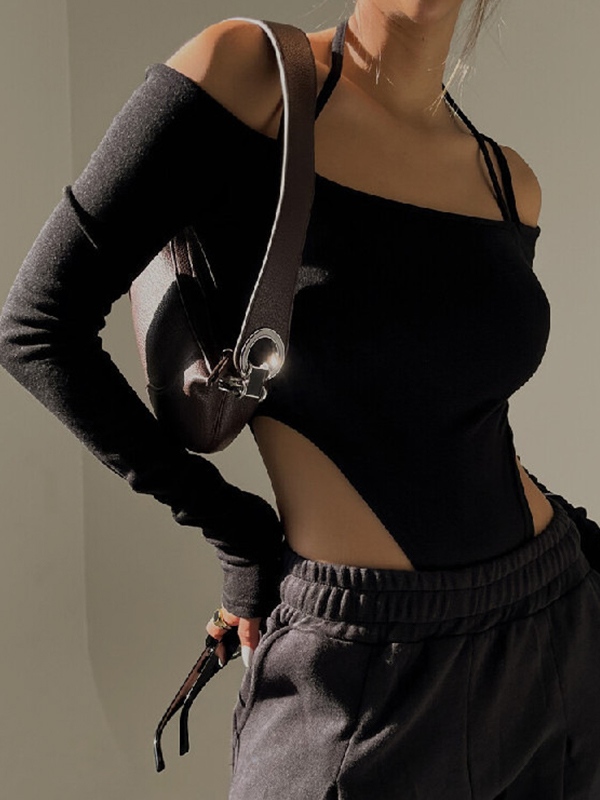 Schwarzer, schulterfreier Neckholder-Body-3