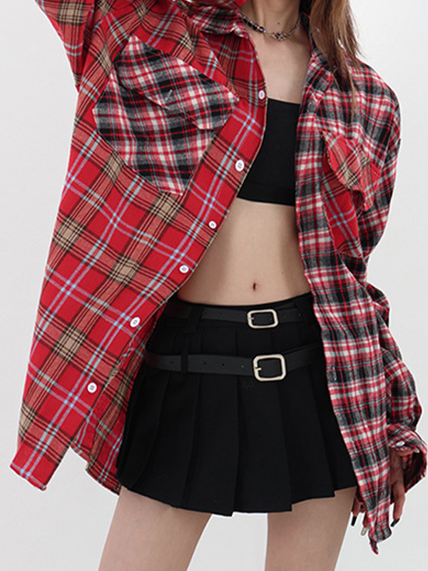 Vintage karierte Spleiß-Langarmbluse-2