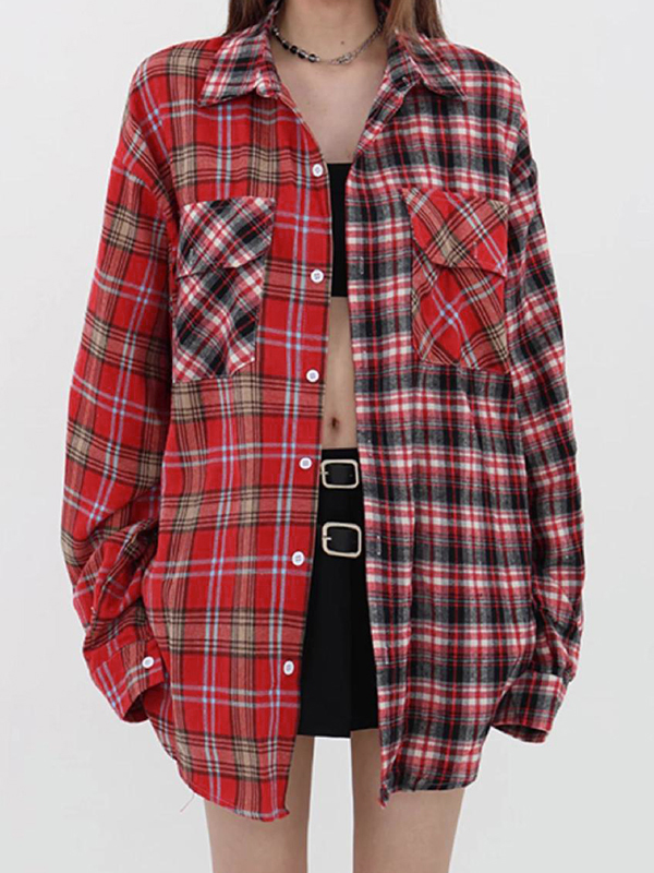 Vintage karierte Spleiß-Langarmbluse-1