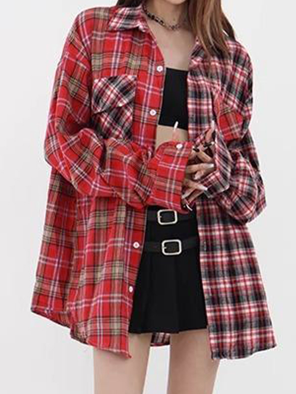 Vintage karierte Spleiß-Langarmbluse-3